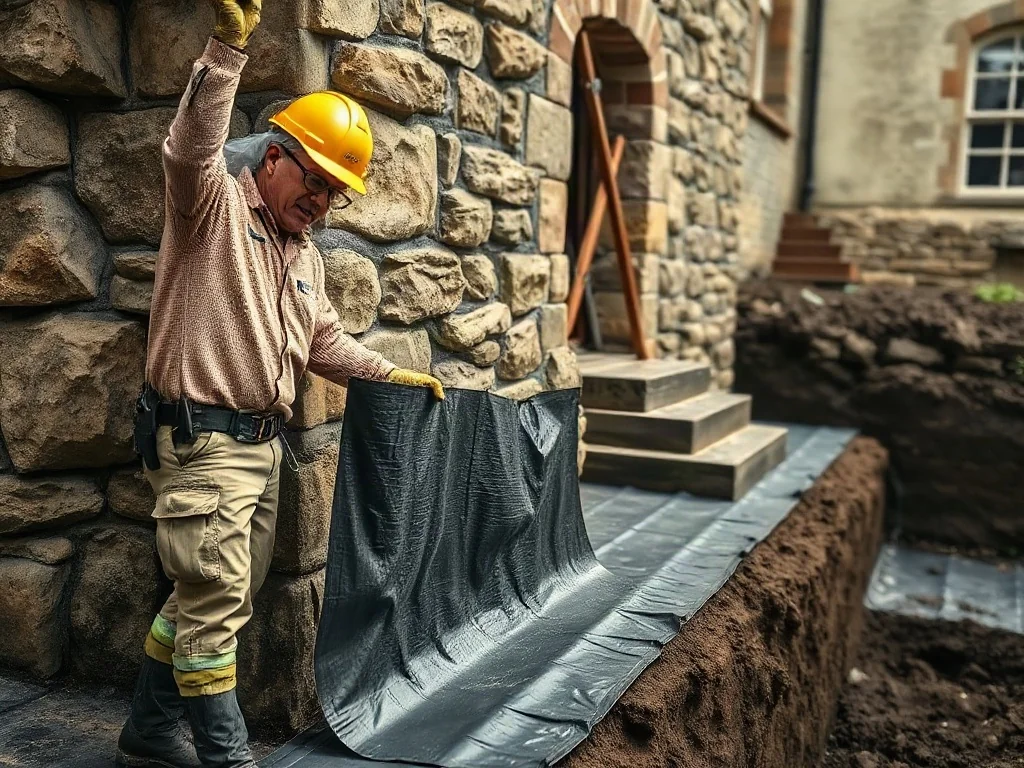 Pracownik budowlany nakłada izolację bitumiczną na fundament starego domu w wykopie. Profesjonalne zabezpieczenie przeciwwilgociowe.