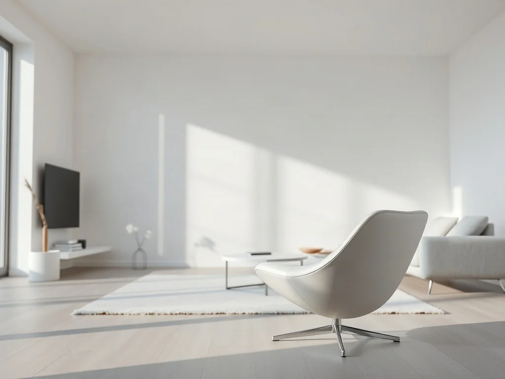 Nowoczesny salon z designerskim białym krzesłem na tle ściany pomalowanej w odcieniu RAL 9003.
