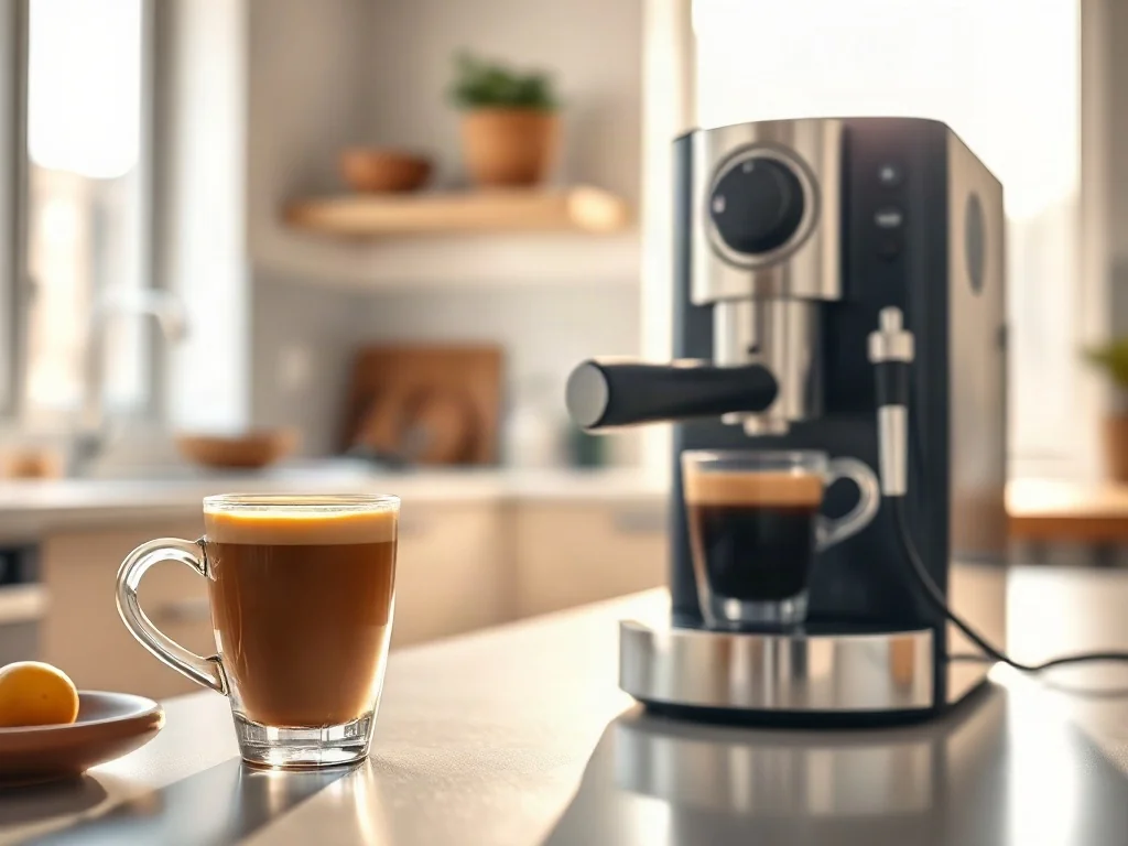 Nowoczesny ekspres automatyczny DeLonghi przygotowujący filiżankę aromatycznego espresso w jasnej kuchni.