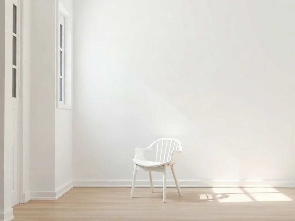 Minimalistyczne wnętrze z białą ścianą w odcieniu RAL 9016, nowoczesnym krzesłem i jasną drewnianą podłogą.